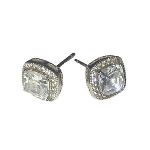 Vtg Sterling Silver Cushion Square Cut CZ w Halo Stud Earrings 9mm x 9mm